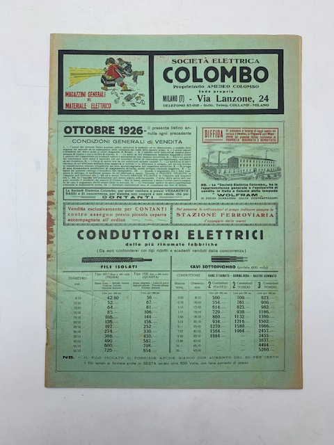 Società elettrica Colombo. Proprietario Amedeo Colombo. Listino ottobre 1926